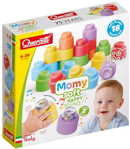 Quercetti MOMY Soft Happy Sounds 18 Pieces, Soft Plastic Construction Set with Rattles, Multi-Coloured Building Blocks for Infants and Toddlers Ages 6-36 Months