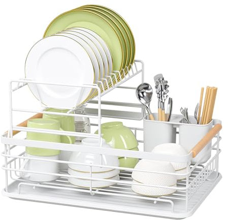 Warmiehomy White Dish Drainer Rack 2 Tier Metal Draining Board Rack Dish Rack with Removable Drip Tray, Sink Drainer Rack for Kitchen with Removable Cutlery Holder, White