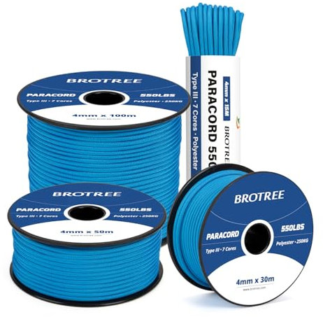 Brotree 550 Paracord 4mm 15m Cuerda Paracaidas 100% Poliéster Tipo III 7 Hebras para Al Aire Libre, Exterior, Supervivencia - Azul