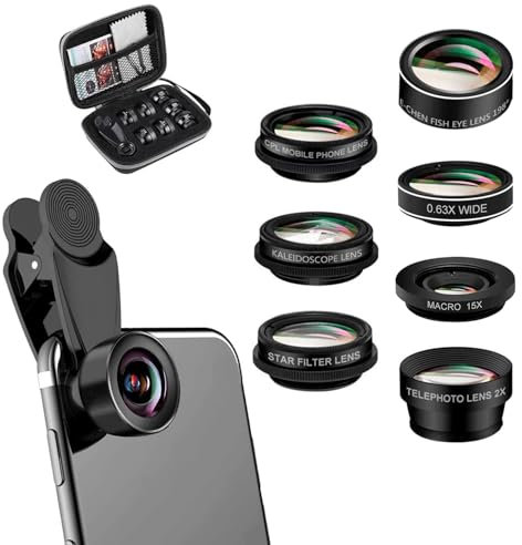COMBLU 7-in-1-Objektiv-Set für Handy, Fischauge mit 198°, Weitwinkel 0,63x, Makro 15x, 2x Portrait, CPL, Starlight, Kaleidoskop