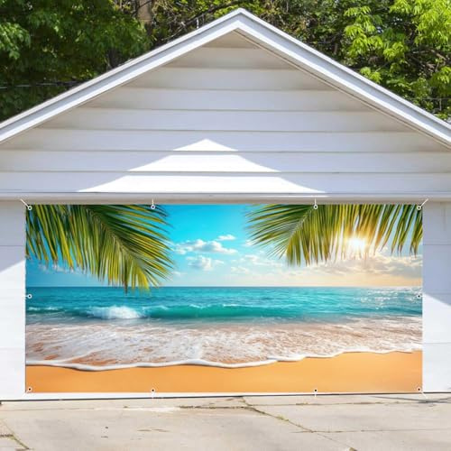 2,1 x 4,8 m Strand-Garagentor-Abdeckung, Banner, tropische Palme, Sommer, Ozean, Hawaii-Hintergrund für Fotoshootings, Meer, Luau, Aloha, Party-Dekorationen, Outdoor-Dekoration
