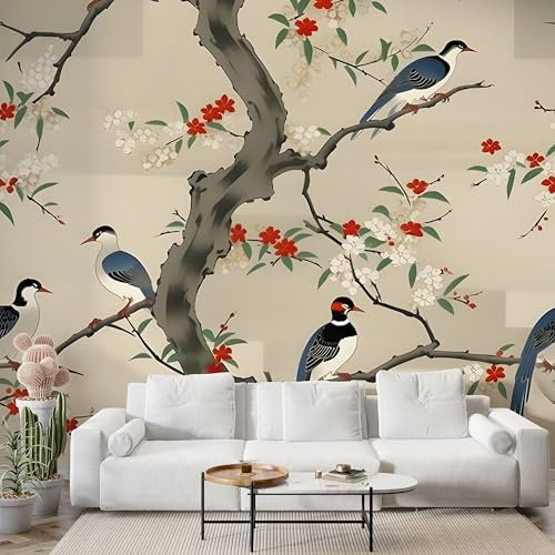 Boceoey Papier Peint Panoramique Japonais Oiseau - Papier Peint Intissé Autocollant - Branches De Fleurs Aquarelle Décoration Murale - Adhésif Mural pour Salon Chambre, 450x315 cm - S-965