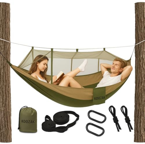 ZOLTA Hängematte zum Aufhängen mit Moskitonetz - mit Beutel und Karabinerhaken - für 2 Personen 260 x 140 cm - Belastbarkeit bis 180 kg, für Terrasse, Balkon, Garten, Outdoor, Camping Survival