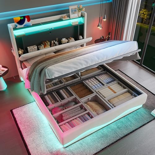 RIAZOS Polsterbett 160x200, Hydraulischer Stauraumbett, Doppelbett mit USB Type-C-Ladefunktion, Stauraum-Kopfteil mit LED Ablageflächen, Jugendbett Erwachsenenbett, Beige, Ohne Matratze