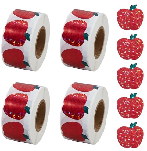 SUPERFINDINGS 2000Stk Laser Äpfel Sticker 4 Rollen Schulstart 0,98 Zoll Rot Wasserfeste Selbstklebende Glitzernde Fruchtaufkleber Für Umschlag Scrapbook Deko