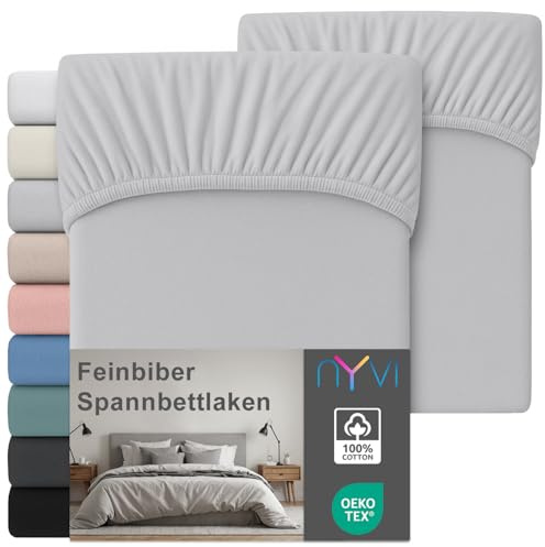 NYVI Feinbiber Spannbettlaken Deluxe für Matratzen bis 25 cm Steghöhe - Extra Warm & Weich, 100% Baumwolle, Bügelfrei, Vorgekrumpft - 180x200 cm (2er Set) Silber