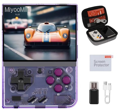 Miyoo Mini Plus, Retro Gaming Console with 64G Memory Card, 3.5-inch IPS Screen, 3000mAH Long Endurance Battery，with Storage Case, Support 10000+ Games (Transparent Purple 64G)