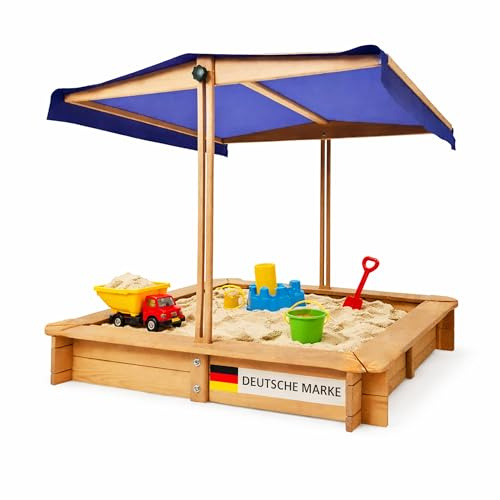 Bestlivings Sandkasten mit Dach höhenverstellbar 98x98x17 cm aus Holz – UV & wasserfest – Absenkbares Dach als Abdeckung – Robuster Buddelkasten für Kinder