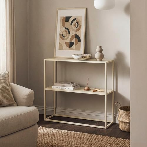 [en.casa] Konsolentisch schmal Strömstad Regal schmal Flurtisch Ablagetisch Metall Flur Möbel Tisch mit 2 Ablagen Wohnzimmer 80 x 80 x 26 cm Kamelfarben