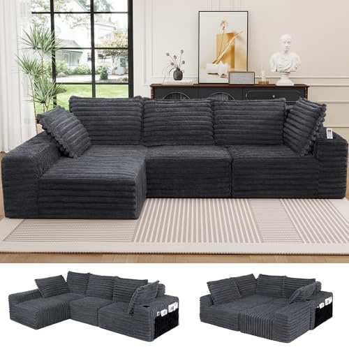 yeshine Sofa mit Schlaffunktion 280cm Breit L-förm Ecksofa mit Corduroy Fabric Modulares Cloud-Sofa mit 5 Kissen Boneless Couch mit USB-Ladeanschluss Schlafsofa für Schlafzimmer, Wohnzimmer (Grau)