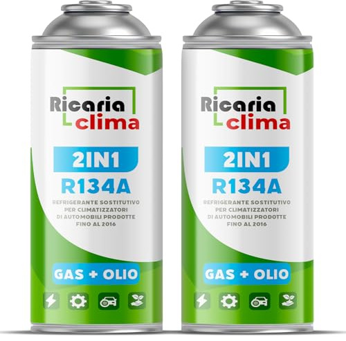 Ricaria Clima - Gas de Recambio sustituto R134a – Gas para Aire Acondicionado de automóvil – Kit – Refrigerante sustituto R134a – 2 Botellas de 235 g – para Recarga – Eco
