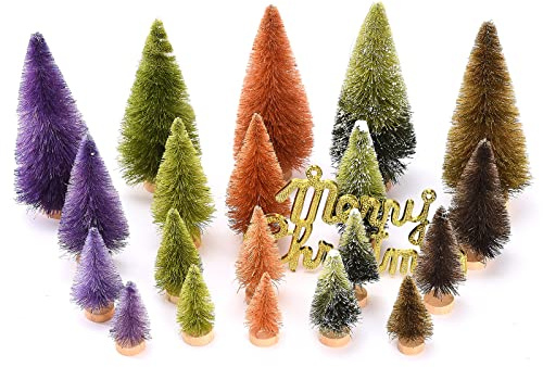 Huairdum Mini Alberi di Natale da 20 Pezzi Set di Pini Artificiali per l'esposizione del Villaggio con Basi in Legno e Cartello di Buon Natale