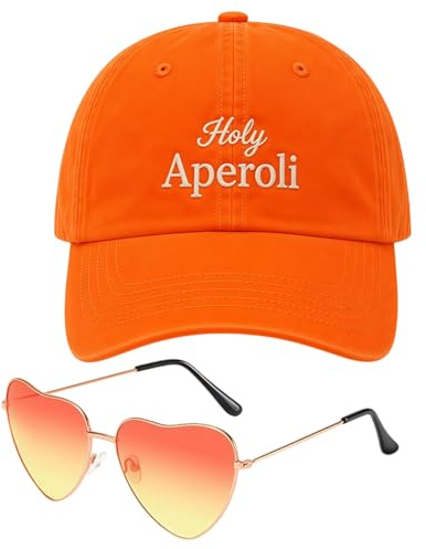YJAUBKJOG Aperol Geschenk, Holy Aperoli Baseball Cap Orange, 2 Stück Set Mit Herz Sonnenbrille, Aperol Kostüm Damen Festival Outfit, Aperol Spritz Party Zubehör, Lustiges Sommer JGA Malle