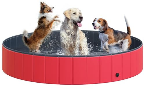 PawHut Piscina Plegable para Perros Gatos Ø160x30cm Bañera Portátil para Mascotas PVC Antideslizante Múltiples Usos para Interiores y Exteriores Rojo