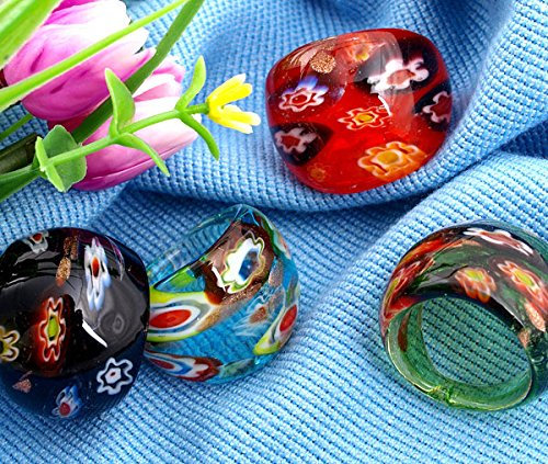 Skyllc® 4 X Sortijas Anillos Cristal de Murano Flor Lampwork