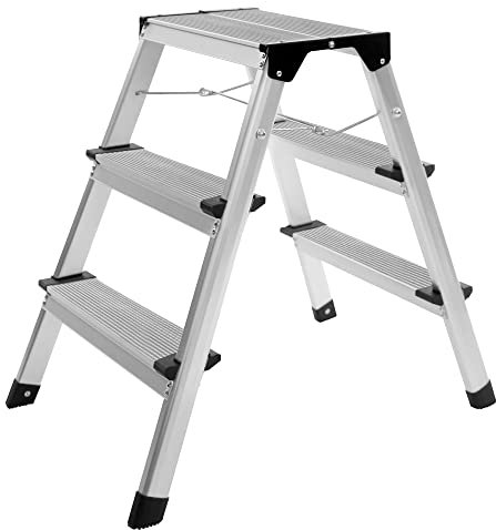 Ribelli Escabeau en Aluminium Pliant Échelle Domestique Pliable Marchepied 3 Niveaux Chargeable jusqu'à 150 kg env. 44 x 61 x 60,5 cm