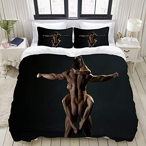 FOURFOOL Bettwäsche-Set,Schwarz sexy Mann Frau nackt,Dekoratives 3-teiliges Bettwäscheset mit 2 Kissenbezügen,Einzelgröße(135 x 200cm)