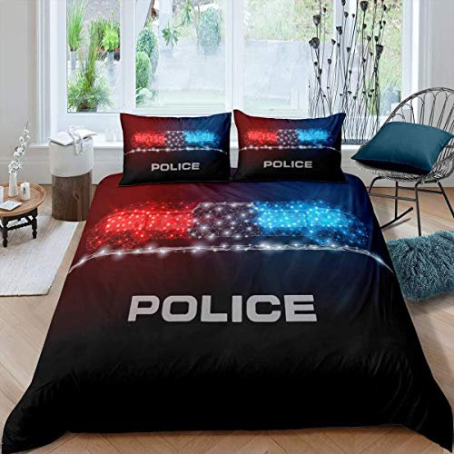 Tbrand Polizei Bettwäscheset Polizeiauto Blau Rot Lichter Bettwäsche 135x200cm für Kinder Jungen Mädchen Polizei Gangster Bettbezug Set Öffentliche Sicherheit Betten Set mit 1 Kissenbezug