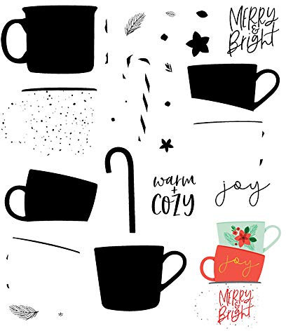 Coffee Tea Cup Die Cuts and Clear Rubber Stamp Sets for Card Making Christmas New Artist Embossing Stencils Metal Template Punch Warm & Bright Words Stamp for Paper Crafting Scrapbooking Supplies