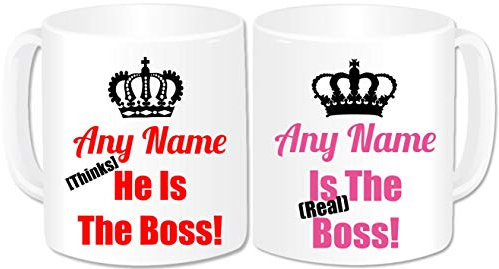 GOPERSONALISED Personalised The Boss The Real Boss Mugs Set of 2 - King Queen Couples Husband Wife His and Hers Gifts Idea for Engagement Wedding Anniversary Valentines (Standard 11oz)
