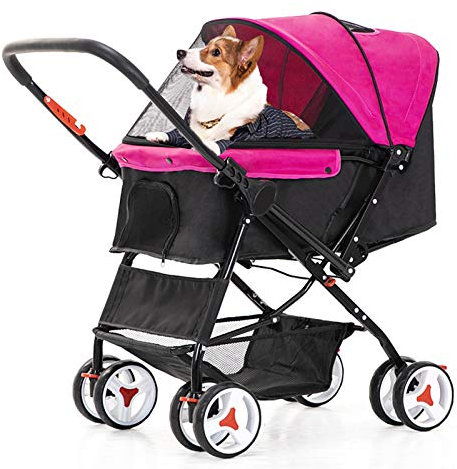 PJDDP Hundewagen Hundebuggy Mit Einhand-Klappsystem, Hunde Jogger Buggy Katzen Wagen, Faltbarer Hundebuggy Mit 4 Flexiblen Eva-Rädern Und Verstellbarer Griff,Kinderwagen Für Hunde Und Katzen,Rosa