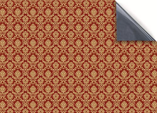 Stick & Go Repositionable Self Adhesive Dolls House Wallpaper 1:12 Scale (1 Sheet) - Damask Deep Red & Gold Wallpaper - No. 148