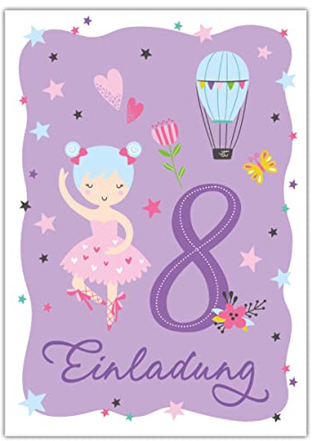 Junapack 12 Einladungskarten zum 8. Kindergeburtstag achte Geburtstag Mädchen Ballerina