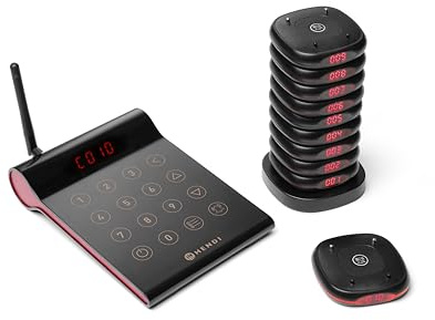 HENDI Pager Rufsystem, mit 10 Pager, Controller, Ladestation, 998 Kanäle, 3 Benachrichtigungsmodi: Vibration, Ton, LED-Beleuchtung, Aufrufsystem, 300mAh, 130x190x(H) 40mm, ABS, Polykarbonat