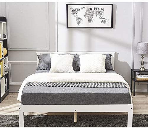 Panana Solid Pine Wood Double Bed Frame 4FT6 Wooden Bed for Adults, Kids, Teenager, White+Wood, 135 * 190cm