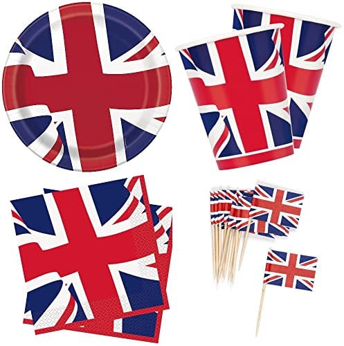 SHATCHI 400Pcs Union Jack Party Tableware Set - 100 Each(Union Jack Plates, Cups, Napkins/Serviettes, Sandwich Flags Toothpicks) VE Day Celebration Party Set