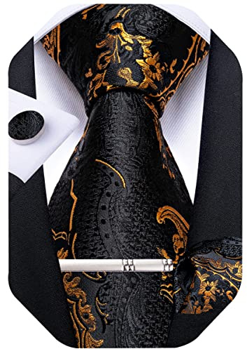 DiBanGu Mens Tie Silk Black Paisley Necktie and Pocket Square Cufflinks Tie Clip Set Classic Formal Wedding Ties