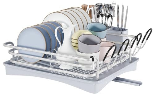 BRIAN & DANY Abtropfgestell Geschirr, Geschirrabtropfgestell Aluminium mit Becherhalter und Besteckkorb, Geschirrabtropfgitter mit Schwenkbarem, Grau