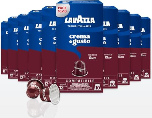 Lavazza, Crema y sabor rico, 100 cápsulas de aluminio compatibles con cafeteras Nespresso original, con notas de chocolate, madera y especias, arábica y robusta, intensidad 11, tostado oscuro