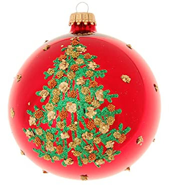 Krebs Glas Lauscha - Weihnachtsdekoration/Christbaumschmuck aus Glas - Weihnachtskugeln - Motiv: Rot glänzende Kugel mit Weihnachtsbaum - Größe: 6 mal 8cm