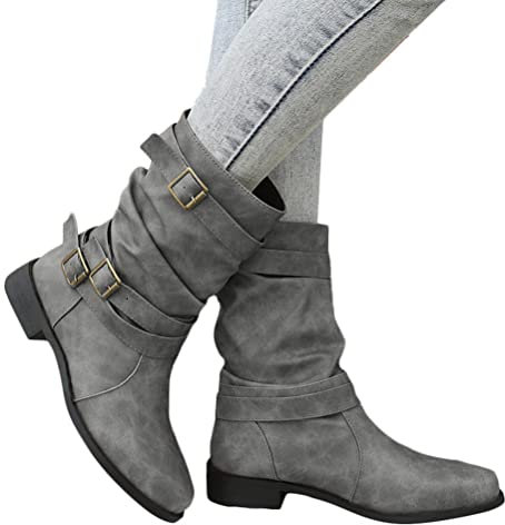Onsoyours Damen Stiefeletten Biker Boots Stiefel mit Blockabsatz Bequeme Herbst Winter Frauen Schuhe Schnallen A Grau 38 EU