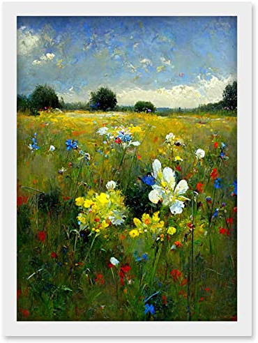 Doppelganger33 LTD Wildflower Summer Meadow Floral Landscape Oil Artwork Framed Wall Art Print A4