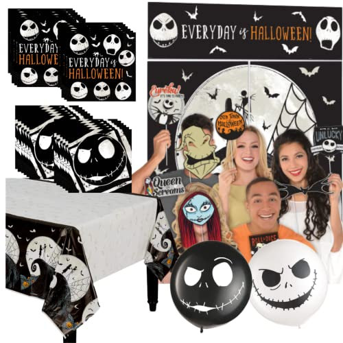 Tim Burton�s The Nightmare Before Christmas Halloween Party Supplies for 16 with Napkins, Tablecloth, Balloons, Photo Props, and Game Guide