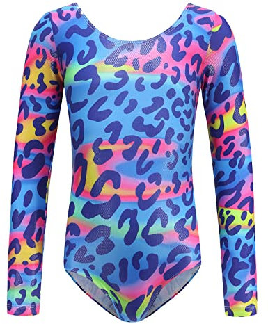 IMEKIS Kids Girls Long Sleeve Gymnastics Leotard Ballet Dance Costume Flower Zebra Fishscale Tie Dye Printed Bodysuit Top One Piece Athletic Ballerina Dancewear Blue 9-10 Years