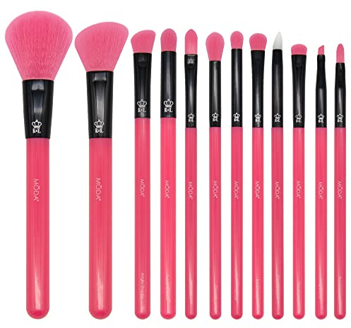 MODA Neon Pink Makeup Brush Set, 12pc Colorful Face & Eye Brushes, Vegan