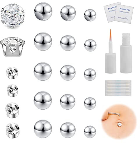 ZS 21Pcs Belly Button Rings 8mm 10mm CZ with Eyelash Glue, Eyebrow Rings Nose Lip Labret Studs Replacement Ball, Non-Piercing Body Jewelry Fake Skin Piercing