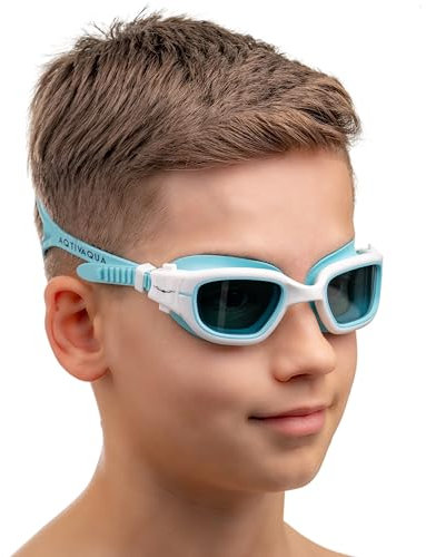 AqtivAqua MINI-DX Lunettes de Natation pour Enfants, Lunettes de Piscine à Champ de Vision Large pour Garçons et Filles (Bleu blanc, Clair)