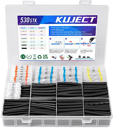 Kuject 530stk Lötverbinder Schrumpfverbinder mit Schrumpfschlauch, Wasserdicht Isoliert Kabelverbinder Set, Elektrische Drahtverbinder für Automobil, Marine, Boot