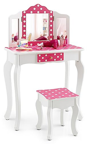 DREAMADE 2 in 1 Schminktisch Kinder mit Hocker und Abnehmbarer Spiegel, Prinzessin Frisiertisch mit Schublade Kosmetiktisch aus Holz, Kinderschminktisch für mädchen (Pünktchenmuster)