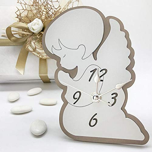 Doni Bomboniere 10 Orologi da Tavolo in Legno a Forma di Angelo Custode in Doppia tonalità Tortora e Bianca, bomboniera Battesimo, Comunione Bimbo e Bimba