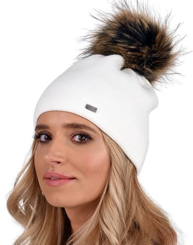 Alur Mütze Damen Beanie Wintermütze Strickmütze mit Bommel - Warme Elastisch Elegant Winter Mütze EKO Bommelmütze - Weiches Garn Stilvoll Universell Warm (Ecru)