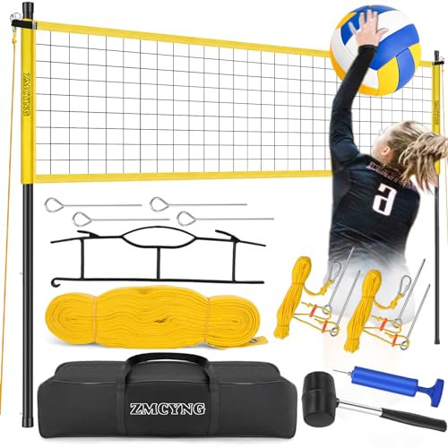 Volleyballnetz - Tragbares Volleyballnetz, Outdoor-Volleyballnetz für Hinterhof, Strand und Rasen, Volleyball-Set mit höhenverstellbaren Stangen, Netz, Volleyball, Pumpe, Begrenzungslinie, Hammer,