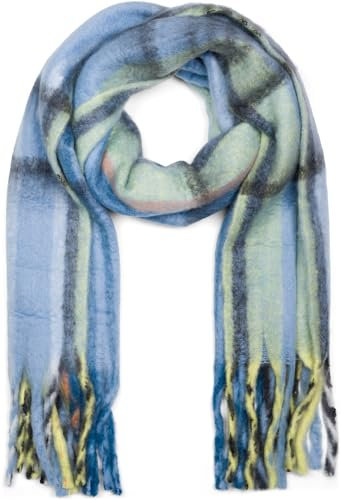 styleBREAKER Damen Web Strickschal mit Streifen Muster und langen dicken Fransen, warmer Winter Schal mehrfarbig 01017157, Farbe:Blau-Schwarz-Gelb