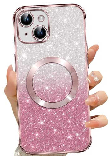 Phoona Cover Magnetica per iPhone 14 Plus, Glitter Custodia Compatibile con MagSafe, Anti Graffi, Non Ingiallente, Protezione Completa Case iPhone 14 Plus, con 2 Vetro Temperato, Rosa
