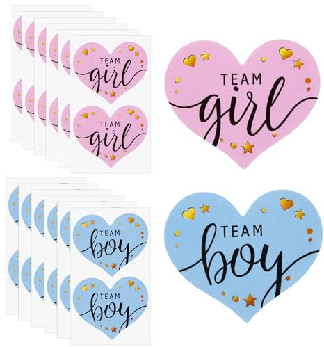 Wisebom Geschlecht Offenbaren Aufkleber, 100Pcs Team Boy & Team Girl Geschlecht Etiketten Aufkleber, Blau & Rosa Baby Geschlecht Aufkleber mit Goldfolie für Babyparty Deko (Herz)