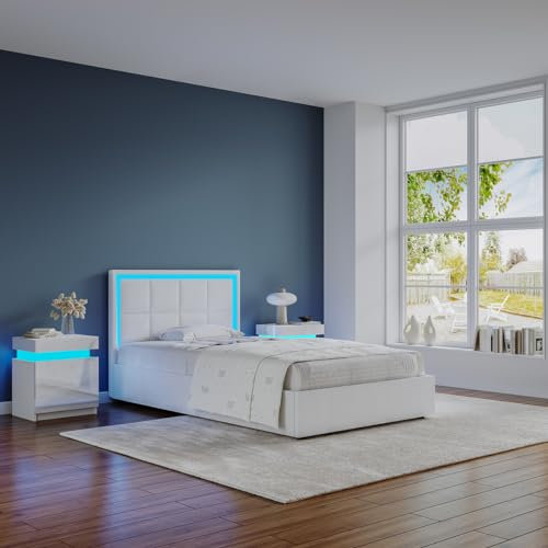 Ottoman Bed, 3ft Single Ottoman Lift Storage Bed with LED Lights Faux Leather Upholstered Bed End Lift Ottoman Under Bed Storage Bedroom Furniture White